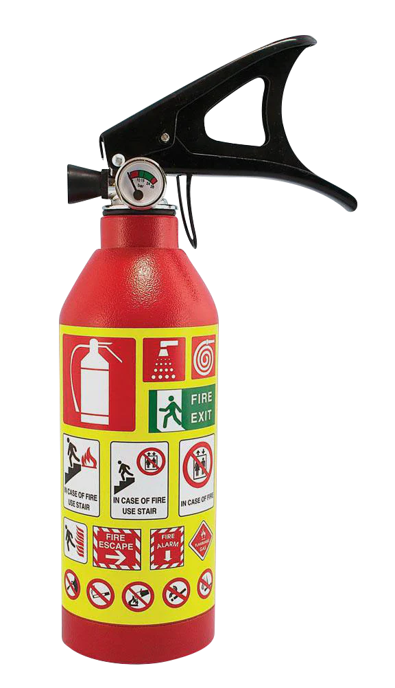 Red Fire Extinguisher Security Container front view with safety instruction stickers