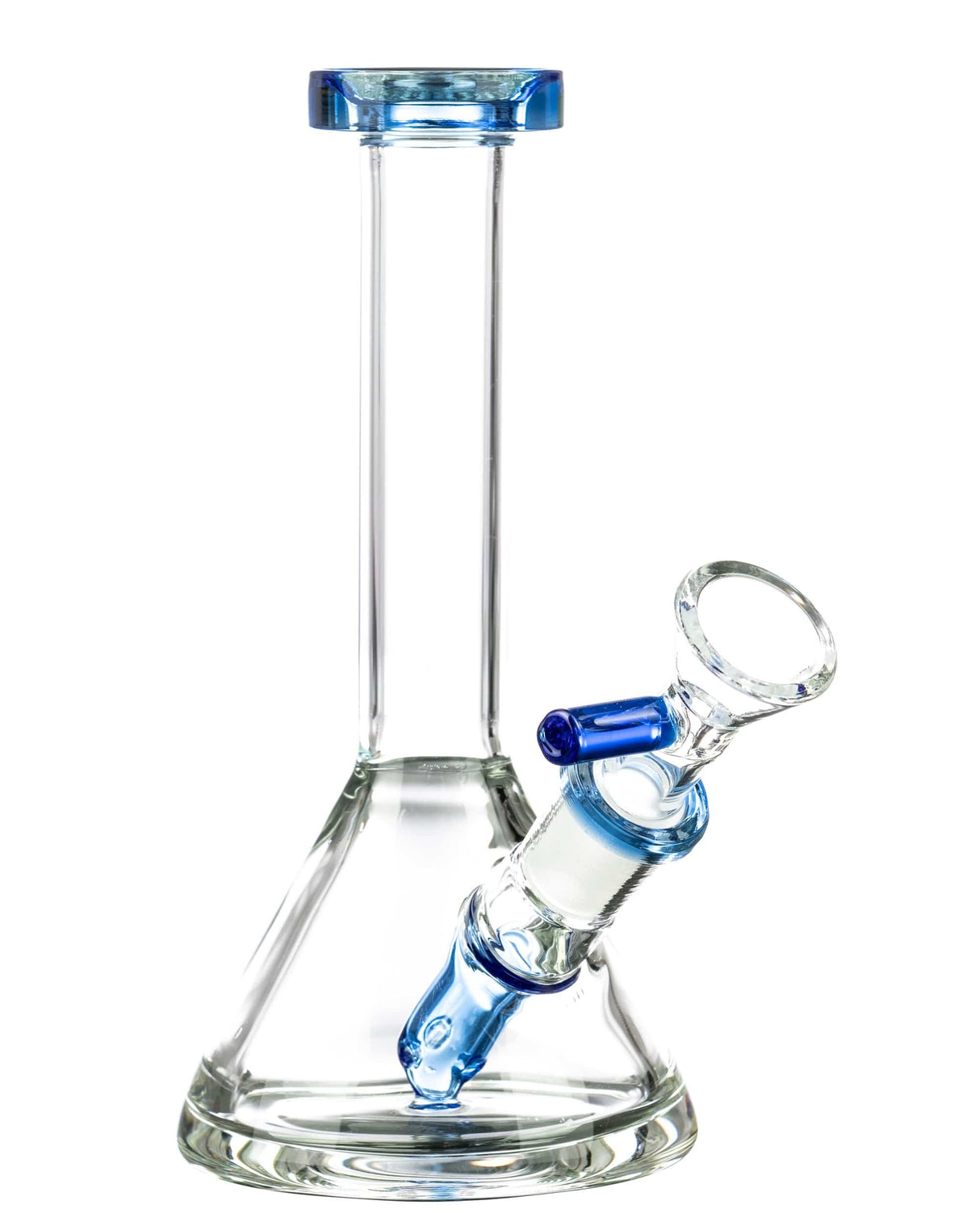 Valiant Distribution Fixed Downstem Mini Beaker Bong in Blue, Clear Glass, 6" Height, Side View