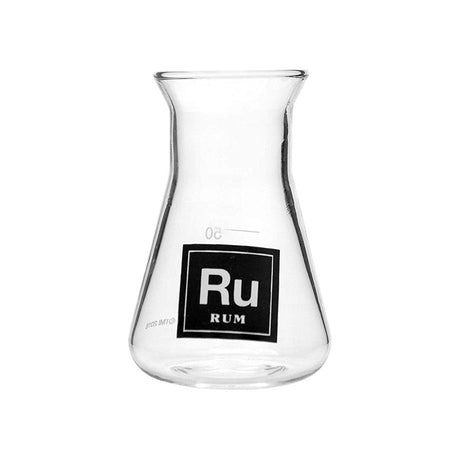 Borosilicate glass flask shot glass with 'Rum' label, 2.75oz, front view on white background