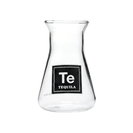 Flask Shot Glass with Tequila label, 2.75oz, Borosilicate Glass, Front View on White Background