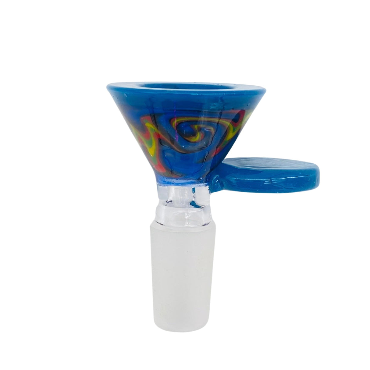 MAV Glass Flat Handle Full Wig Wag Cone Bowl in Blue with Swirl Patterns, Front View