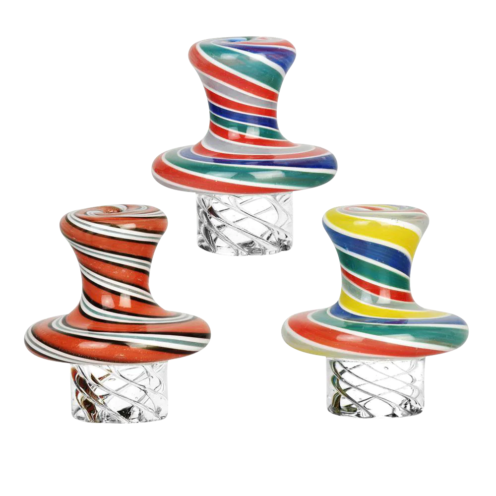 Candy Swirl Vortex Carb Caps in various colors with heavy wall borosilicate glass