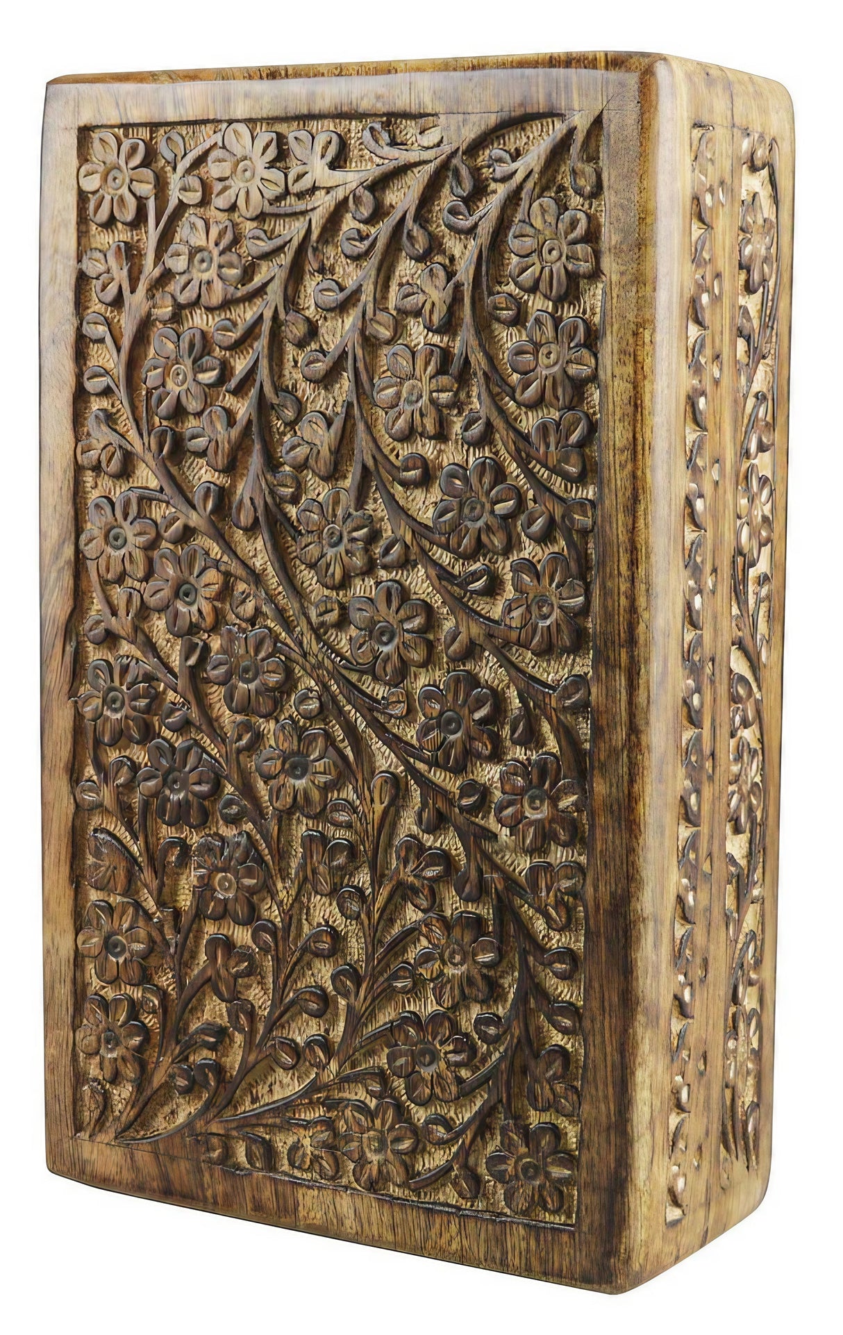 Medium-sized Floral Carved Wood Stash Box with detailed craftsmanship, front angle view