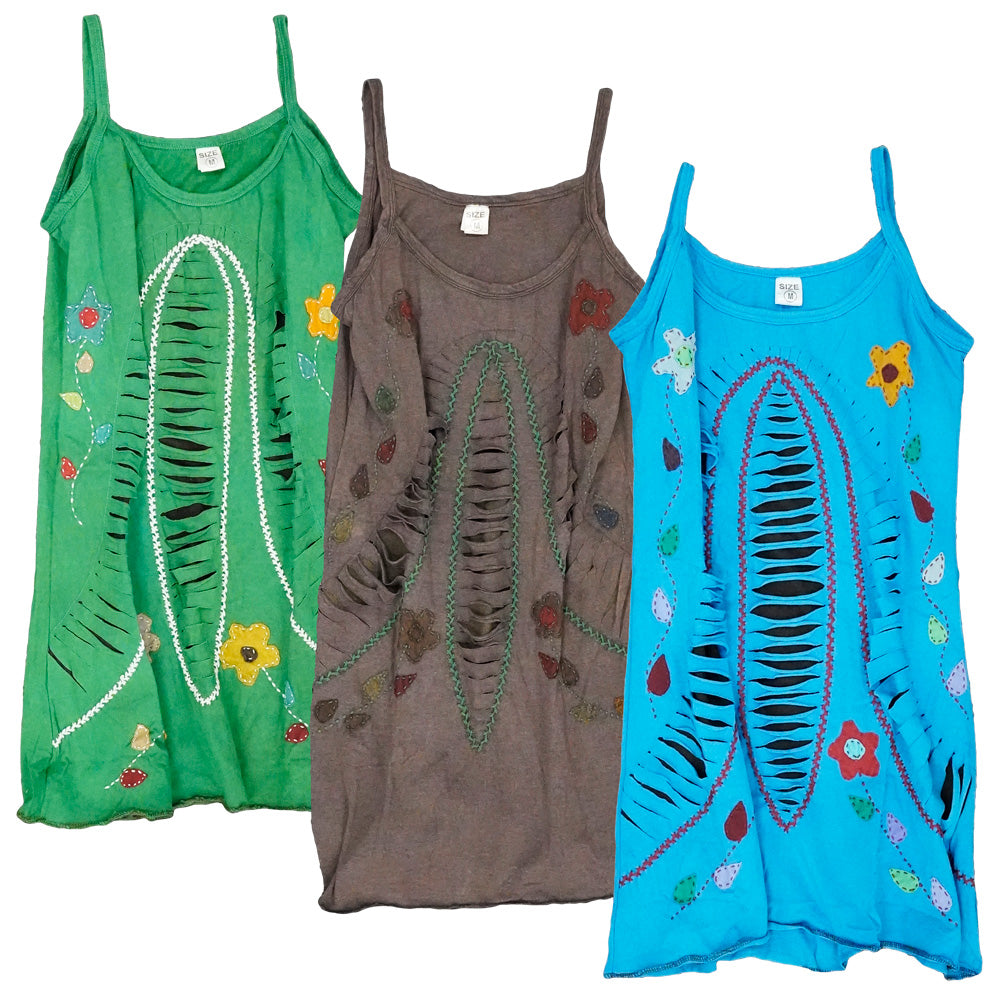 ThreadHeads Floral Razor-Cut Strap Dresses in green, brown, and blue, front view on white background