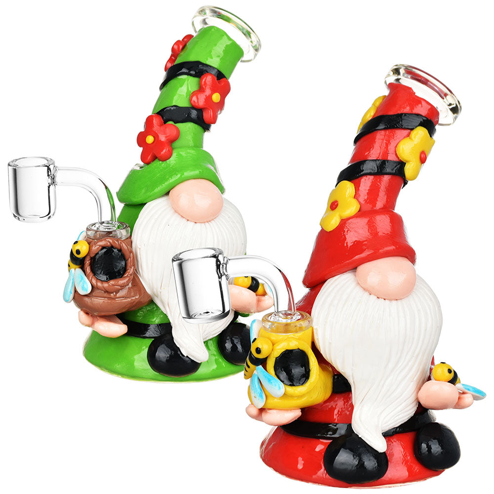 Flower Gnome Glass & Enamel Dab Rig, UV Reactive, 7" Tall, Dual View