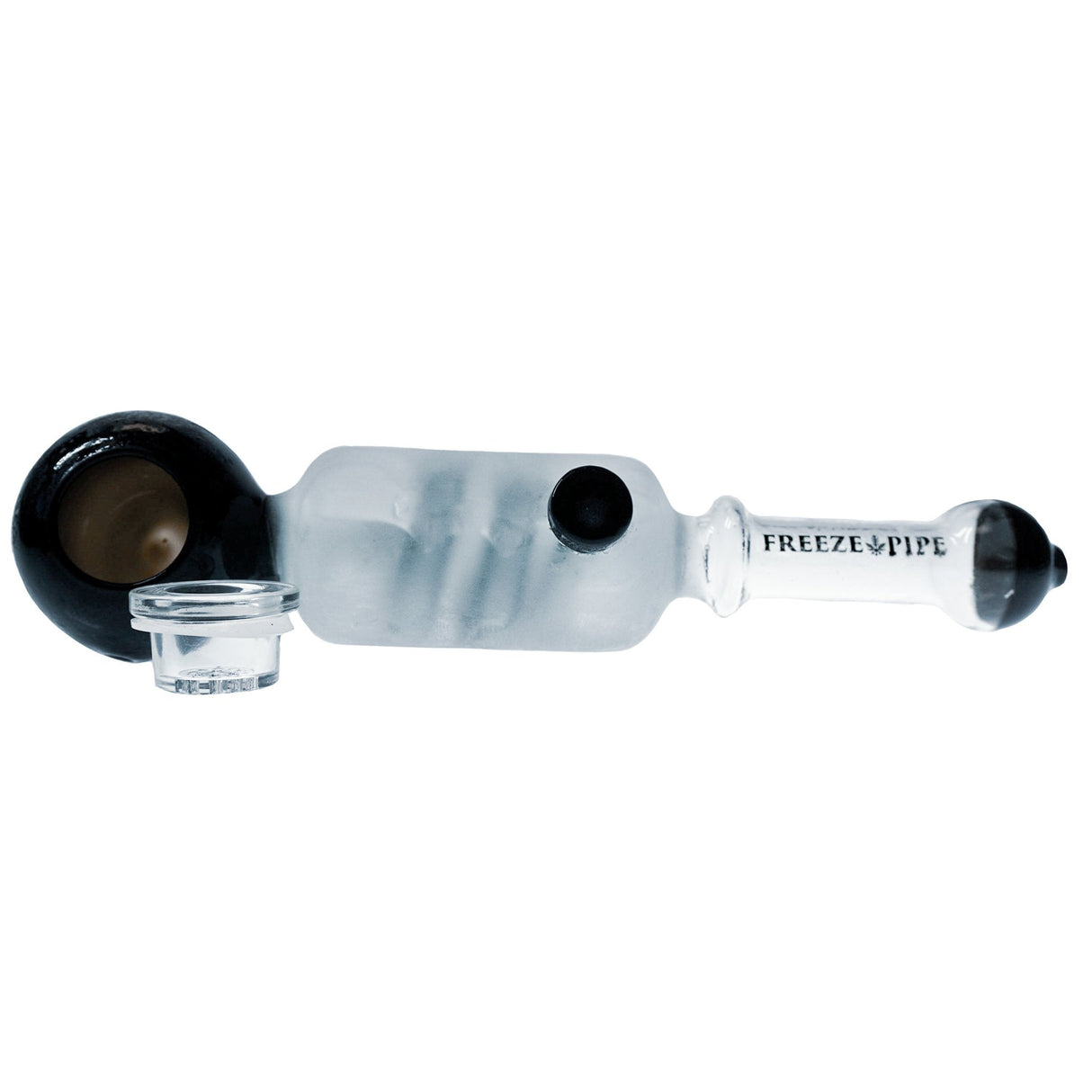 Freeze Pipe Glass Handheld Pipe with Freezable Glycerin Coil for cool hits, black & white, side view