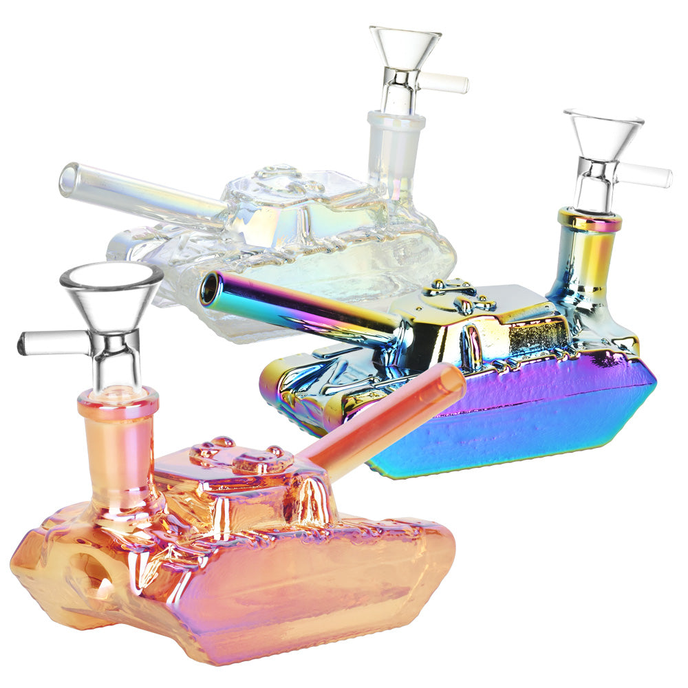 Colorful Friendly Fire Tank Bubblers with Borosilicate Glass, 14mm Female Joint, Angled Views