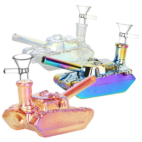 Colorful Friendly Fire Tank Bubblers with Borosilicate Glass, 14mm Female Joint, Angled Views