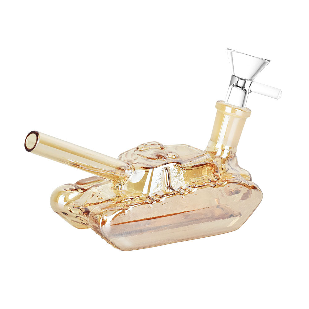 Friendly Fire Tank Bubbler, 5.5" tall, 14mm female joint, durable borosilicate glass, angled side view