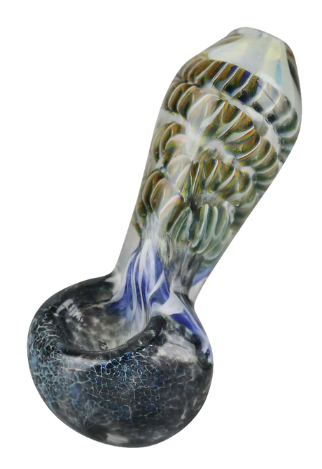 Borosilicate glass spoon hand pipe with frit and cord design, 3.25" length, for dry herbs