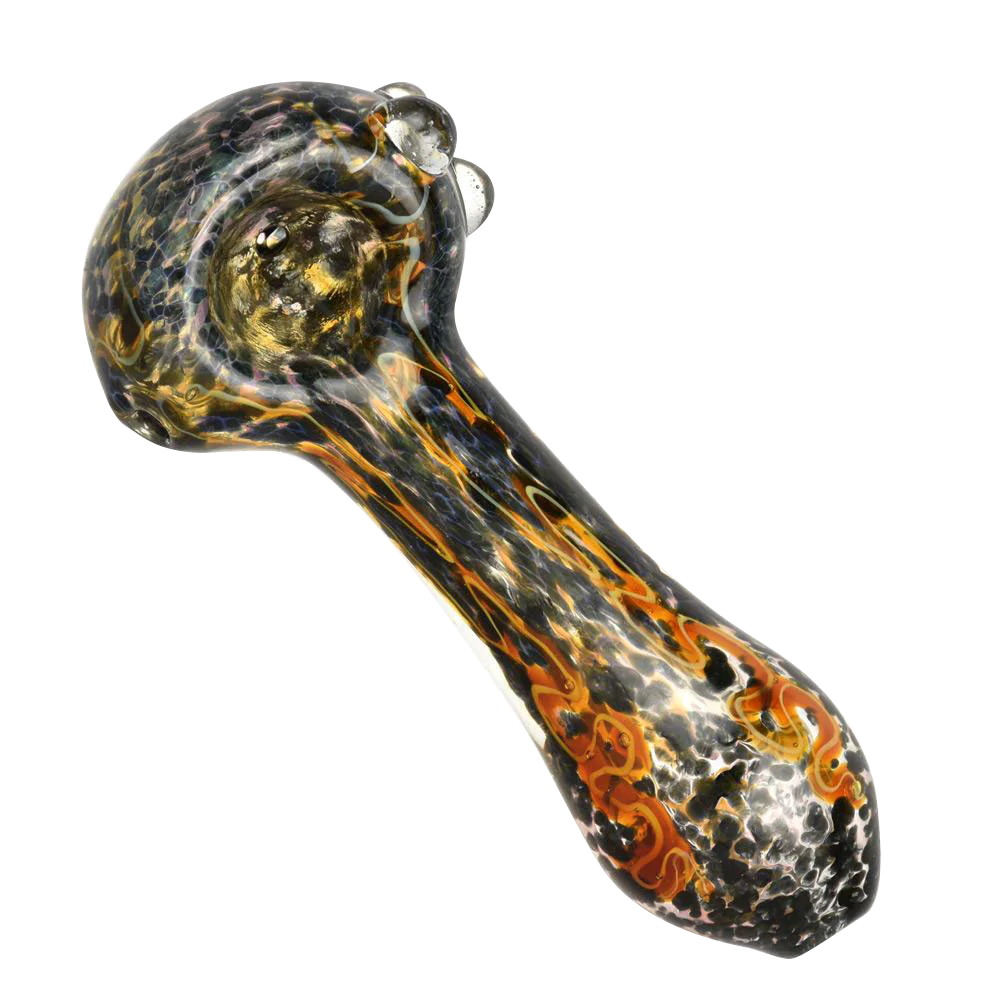 Fritted Squiggle Spoon Glass Pipe with heavy wall design for dry herbs, 3.75" length, top view