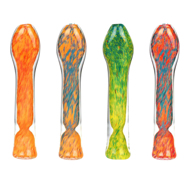 Assorted colors fritted swirl glass chillum pipes with flat mouthpieces, front view