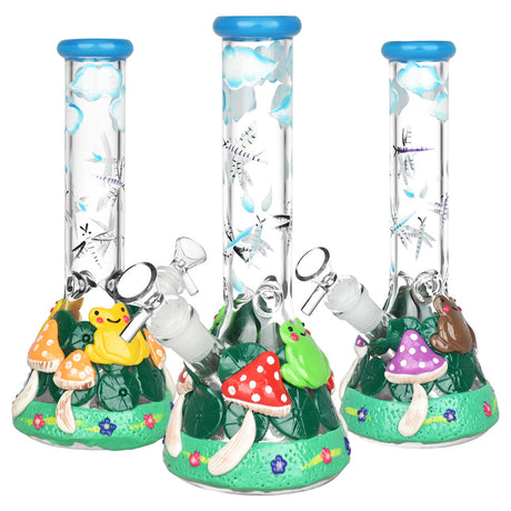 Froggy Friend Fun-guy Beaker Water Pipes with colorful mushroom designs, front view on white background