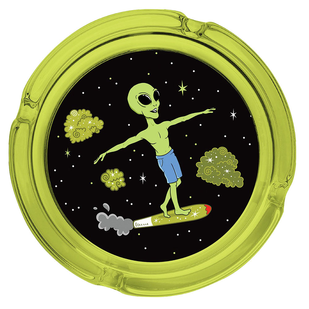 Fujima Alien Surfer Glass Ashtray top view, borosilicate glass with cosmic design