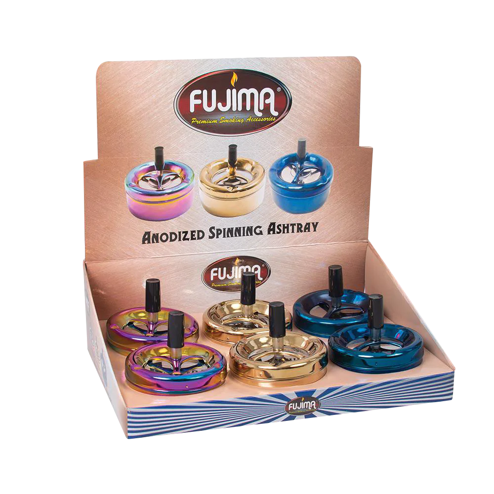 Fujima Anodized Spinning Ashtrays in assorted colors, 6 pack display, easy-clean feature