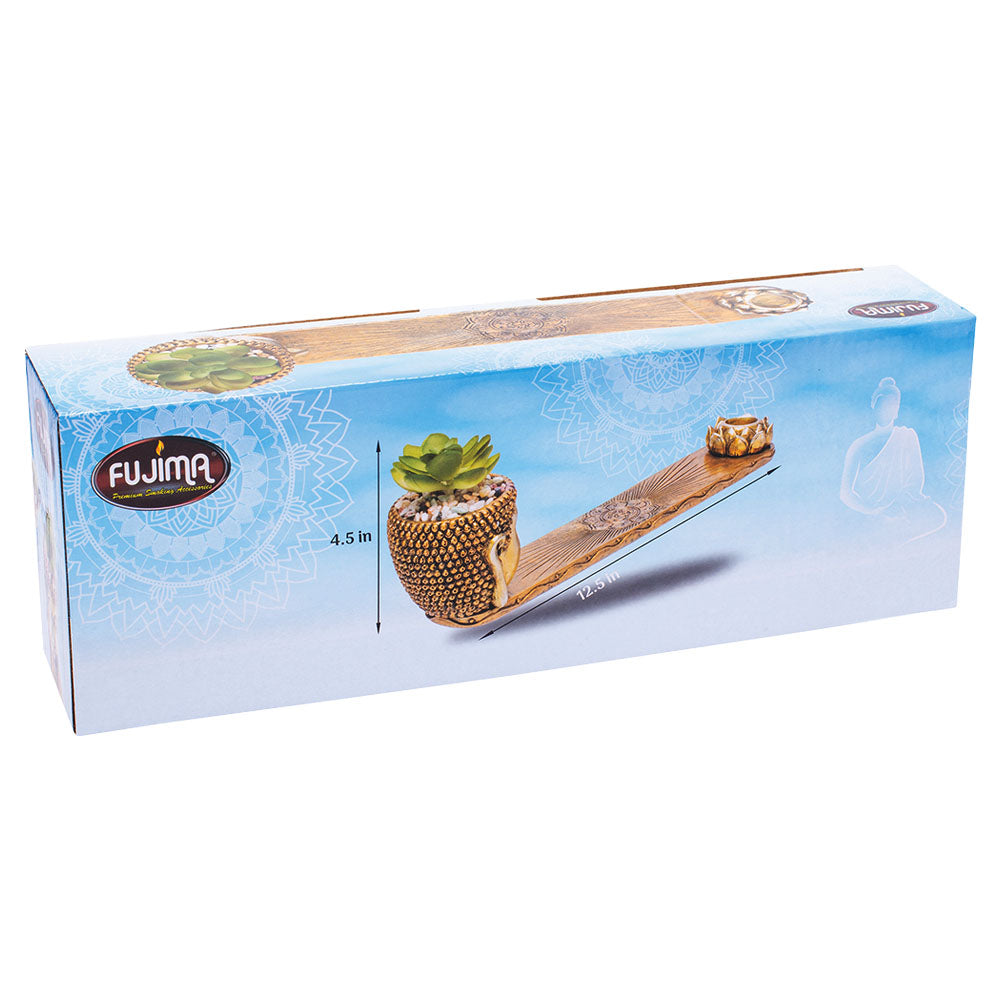 Fujima Buddha Incense Burner with Faux Plant in decorative box, side view showcasing design