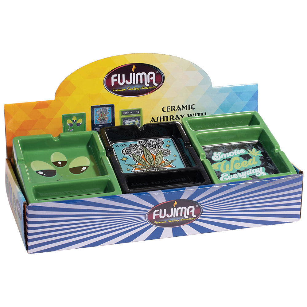 Assorted Fujima Ceramic Ashtrays with Stash Tray in Display Box, 6 Pack, Various Designs