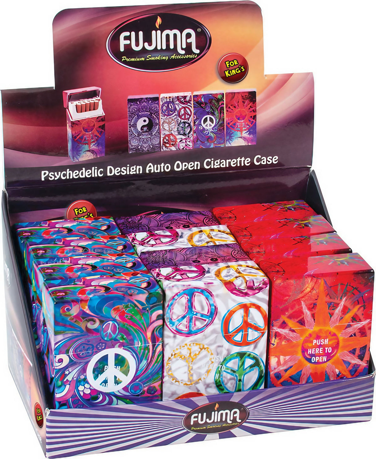 Fujima Psychedelic Cigarette Cases Display Box Front View with Assorted Designs