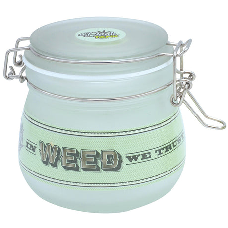 Fujima Dank Tank frosted glass jar with "In Hemp We Trust" text, 500ml capacity, front view