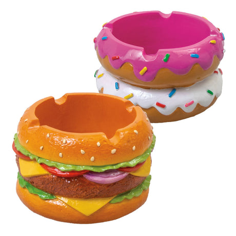 Fujima 4-Pack Polyresin Ashtrays, Donut & Burger Designs, 3.5" Diameter