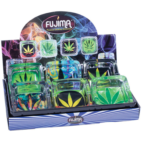 Fujima Hemp Leaves Glass Ashtrays 6 Pack on display, featuring heavy wall borosilicate glass with vibrant designs