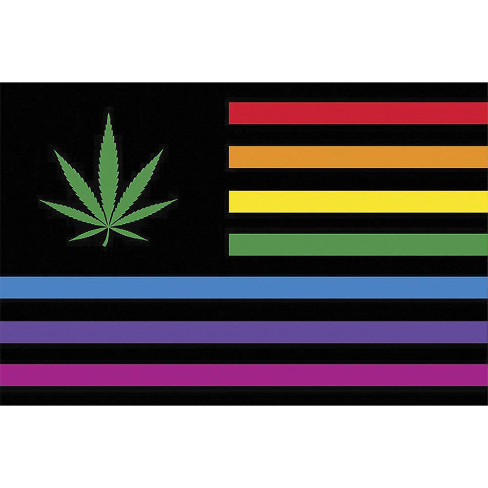 Fujima Hemp Pride Tapestry featuring a cannabis leaf and rainbow stripes on a black background, 50" x 78"