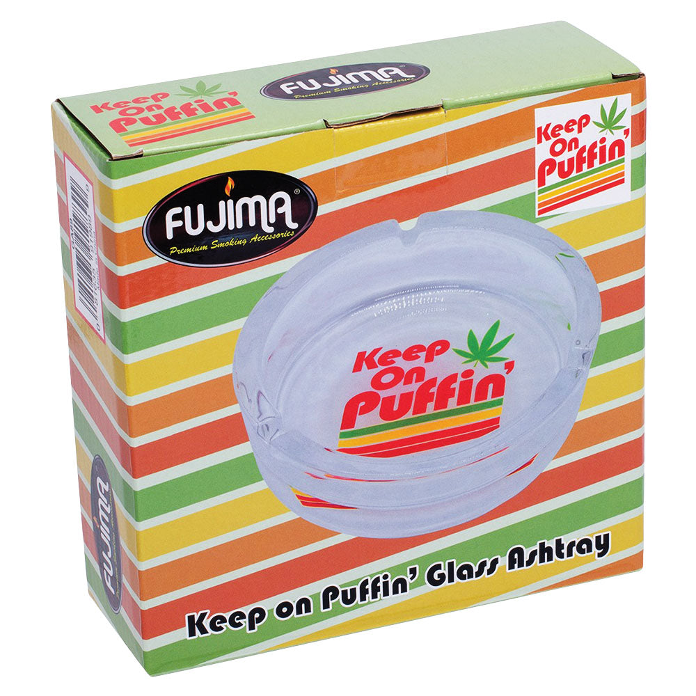 Fujima 'Keep On Puffin' Borosilicate Glass Ashtray in Box - Front View