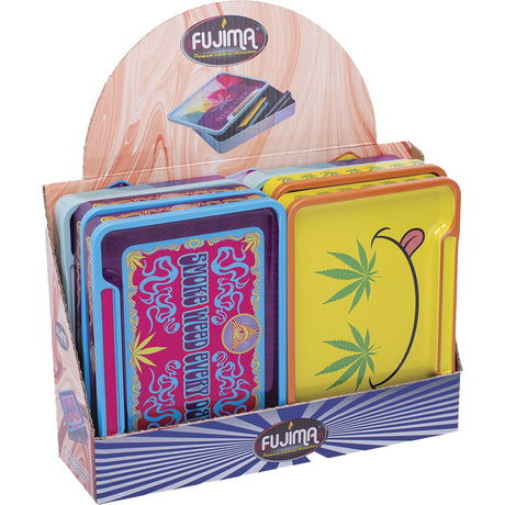 Fujima Leaf Rolling Tray Stash Box display with assorted colorful designs, 8"x5.75" size, front view