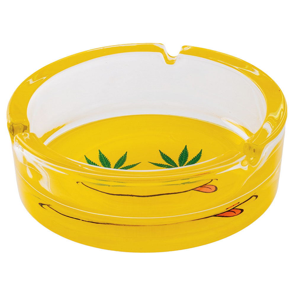 Fujima Borosilicate Glass Ashtray with Leaf Smiley Design, 6.25" Size, Top View