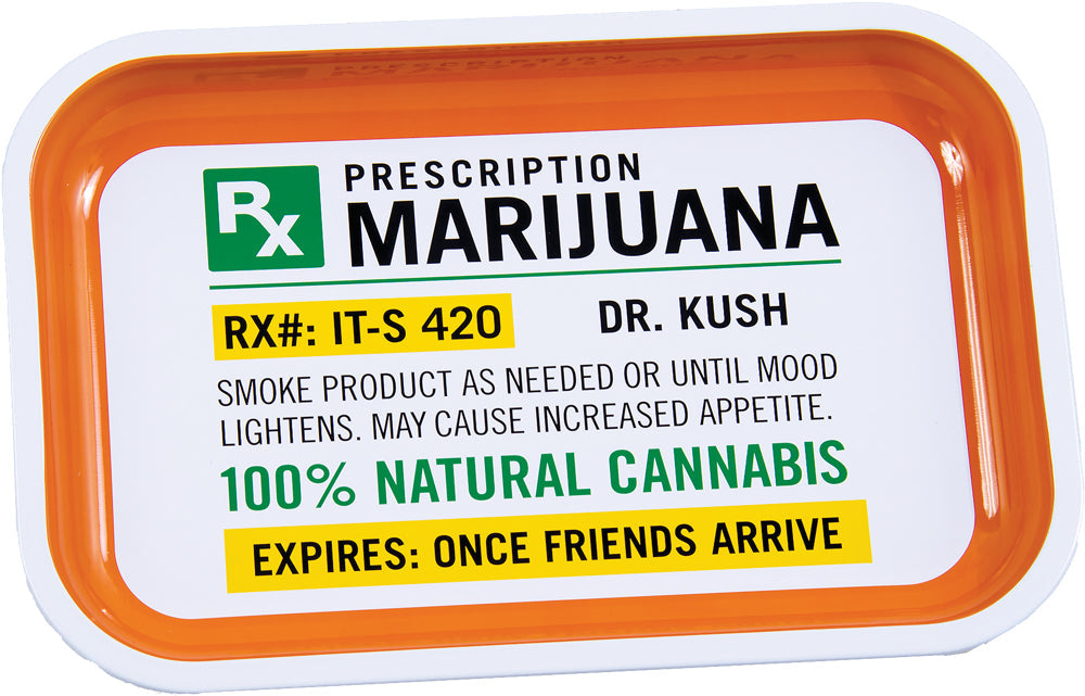 Fujima Metal Rolling Tray with Prescription Marijuana Design - 7.5"x11.25" Top View