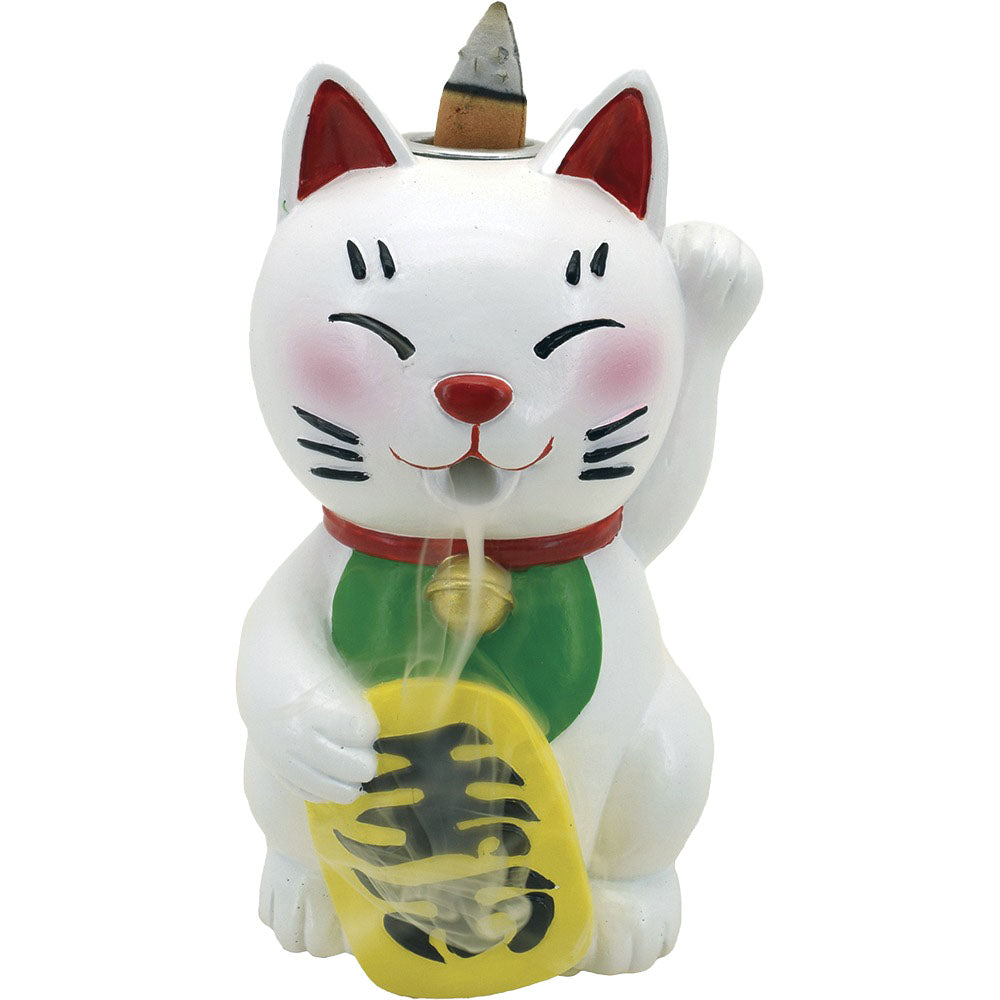 Fujima Mini Backflow Incense Burner in Lucky Cat Design, 4" Polyresin, Front View