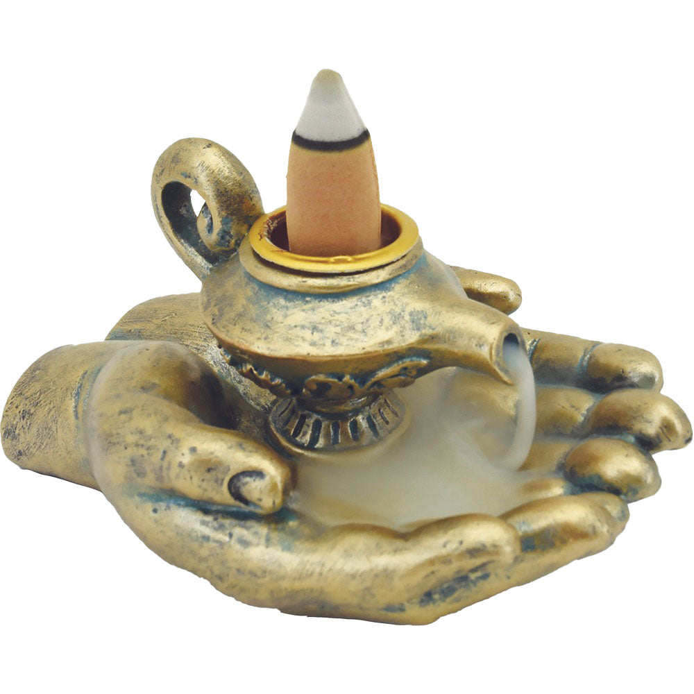 Fujima Mini Backflow Incense Burner in hand shape, gold-tone, for home decor, top view