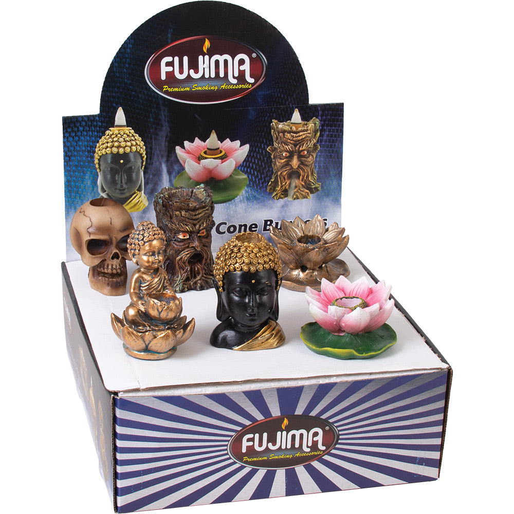 Fujima Mini Backflow Incense Burners 6-Pack featuring various designs in a display box
