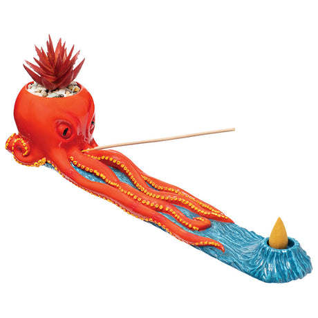 Fujima 12.5" Octopus Incense Burner with Faux Plant, Polyresin, Side View on White Background