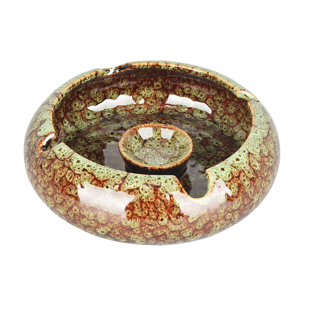 Fujima Reactive Finish Ceramic Ashtray in Green, 6.5" with Notches - Top View