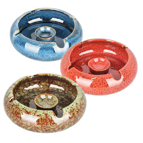 Fujima Reactive Finish Ceramic Ashtrays in blue, red, and green, top view, 6.5" diameter