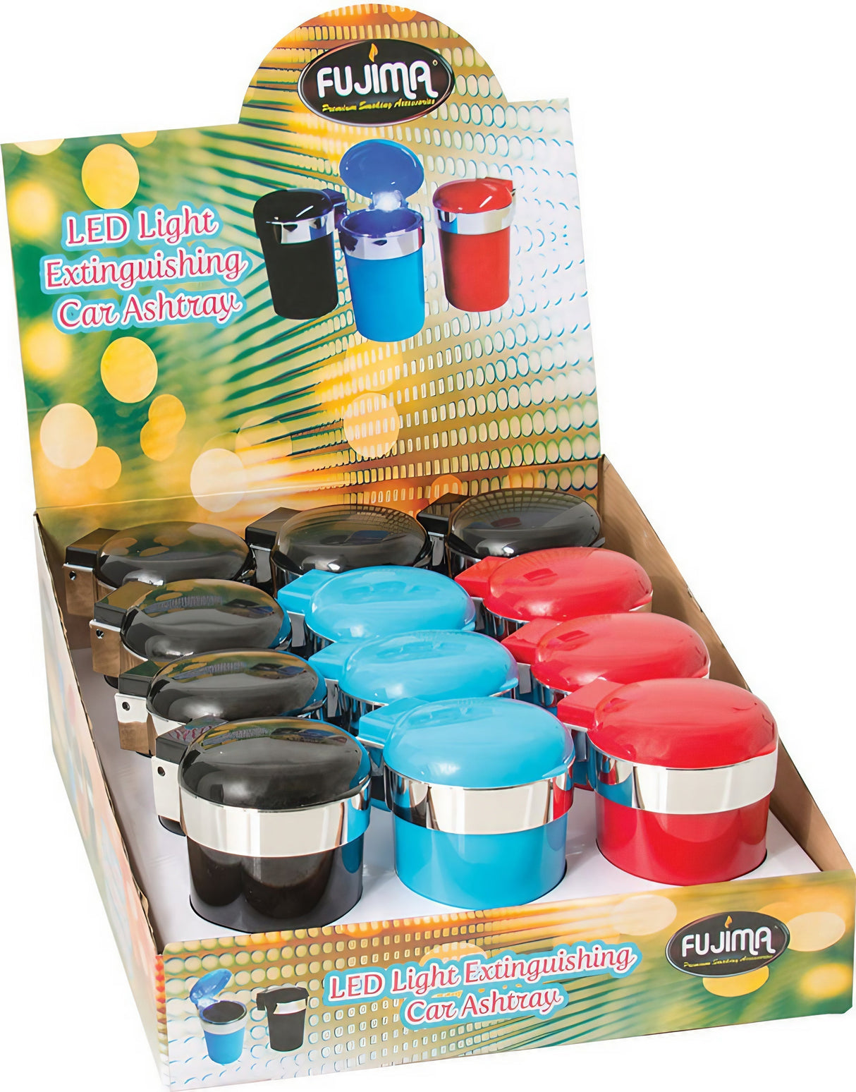 Fujima LED Ashtrays in Display Box, Self-Extinguishing Feature, Assorted Colors
