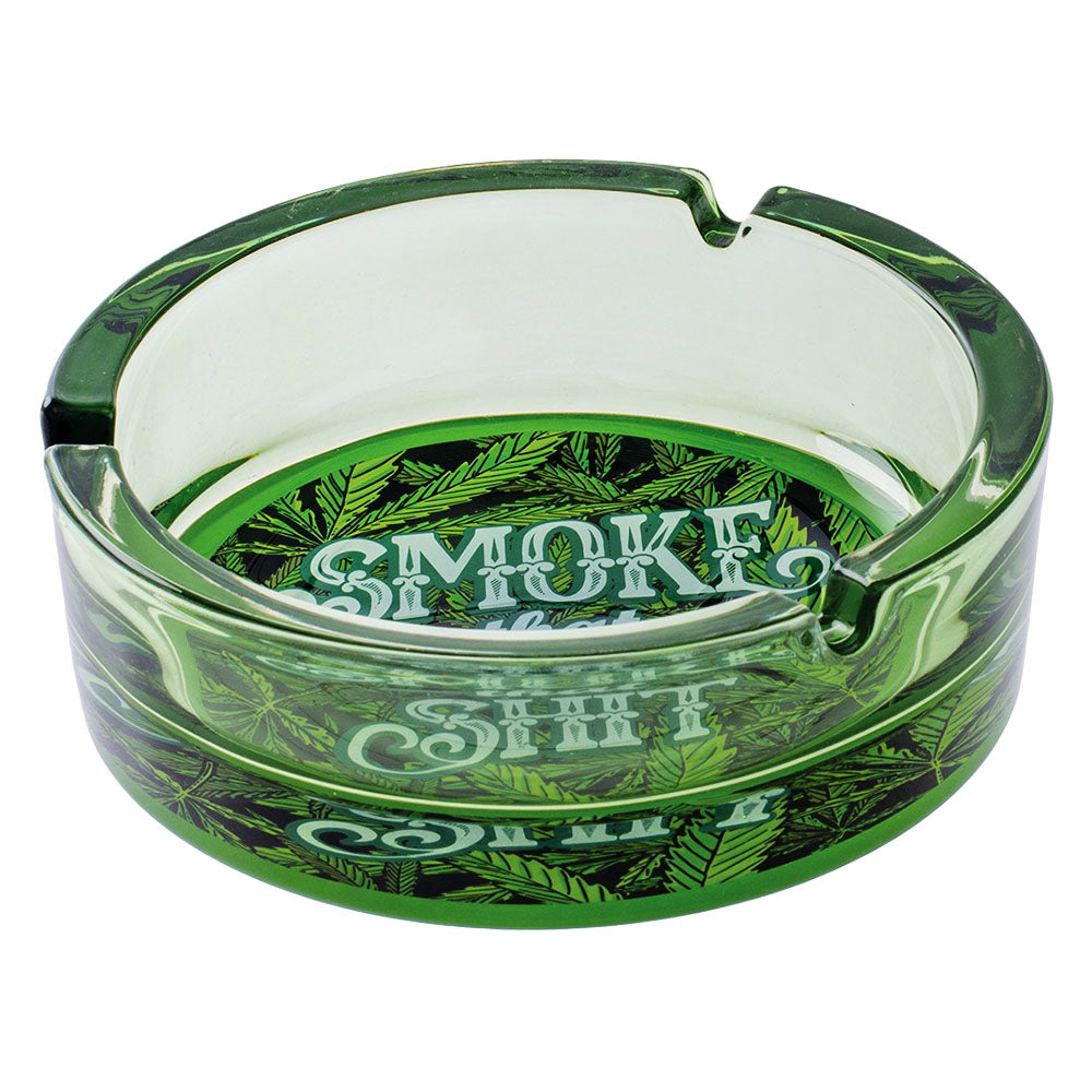 Fujima 'Smoke That Shit' Borosilicate Glass Ashtray with Cannabis Leaf Design - Top View