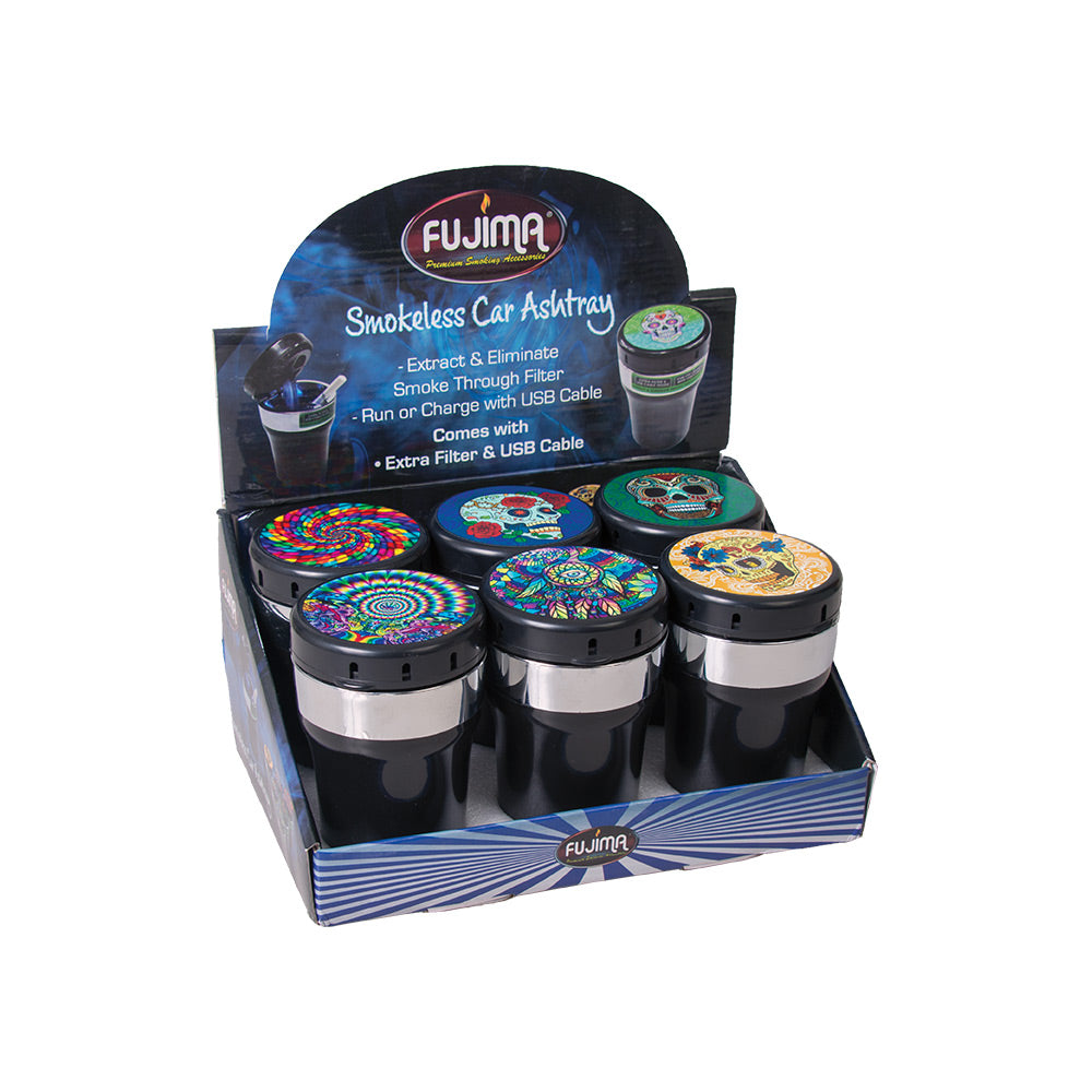 Fujima Smokeless Car Ashtrays display with assorted designs, 5" size, easy to clean