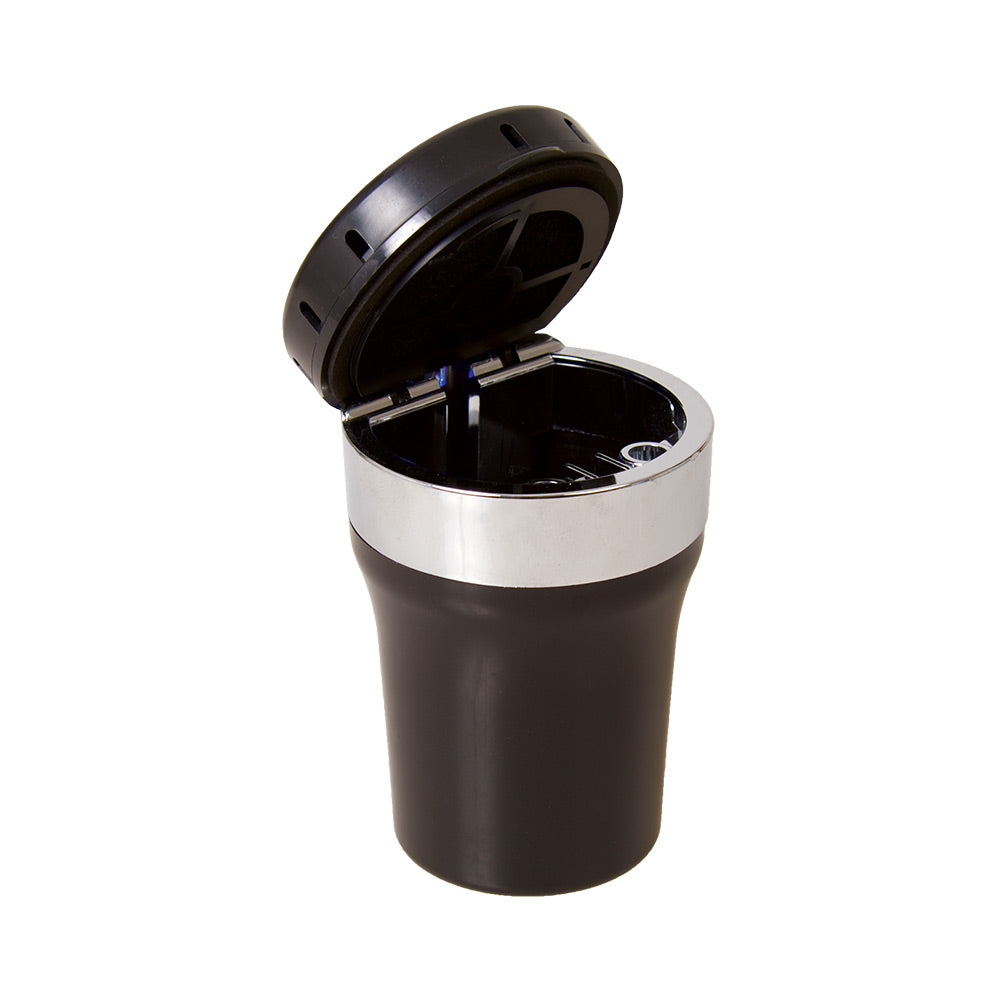 Fujima Smokeless Car Ashtray, 5-inch, Assorted Colors, with Lid Open, on White Background