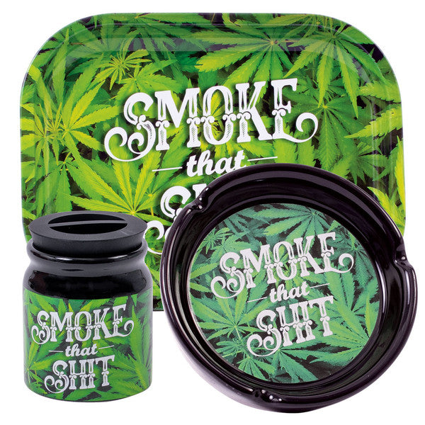 Fujima Smoking Essentials Gift Set with ceramic tray, jar, and steel ashtray with cannabis leaf design