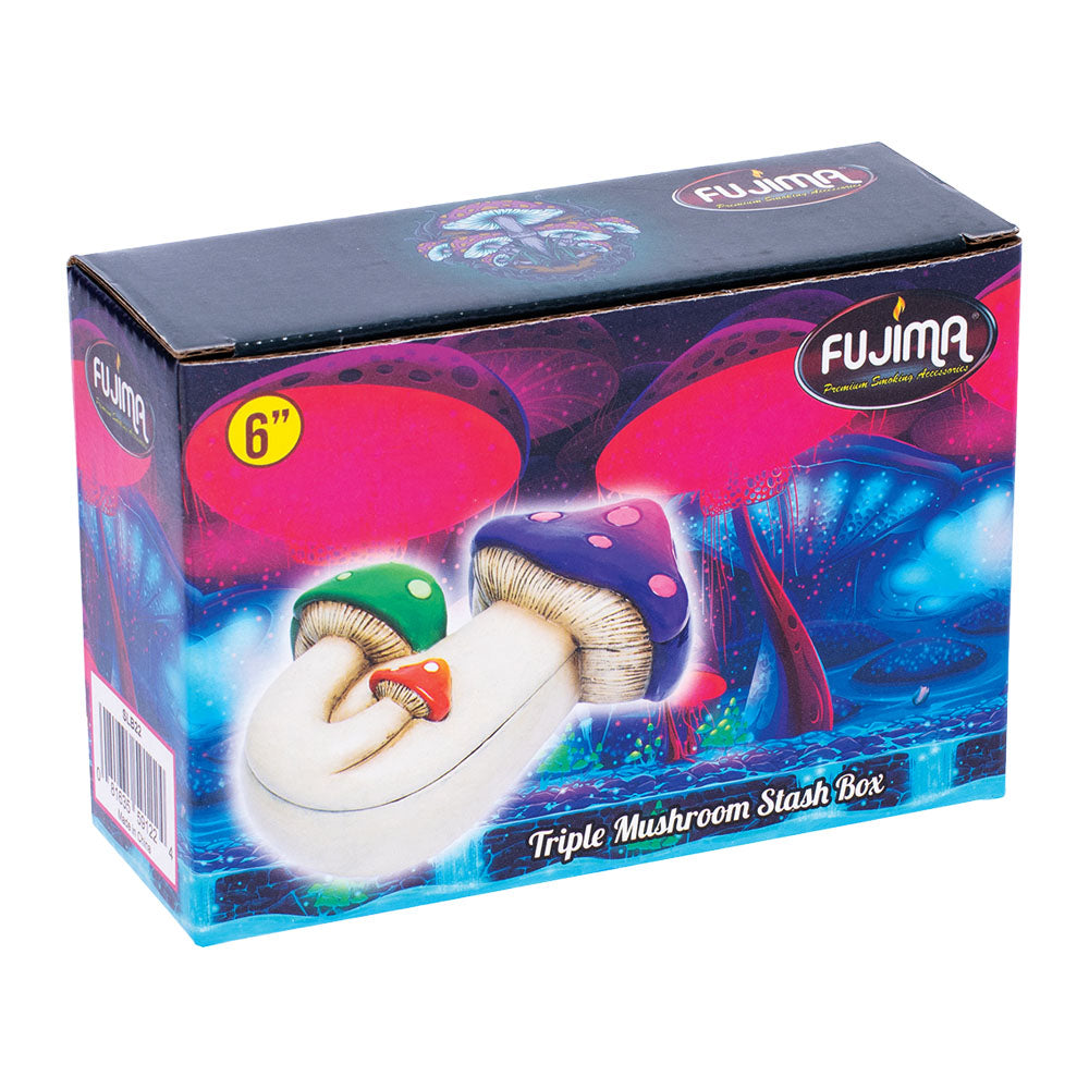 Fujima Triple Mushroom Polyresin Stash Box packaging with vibrant mushroom graphics