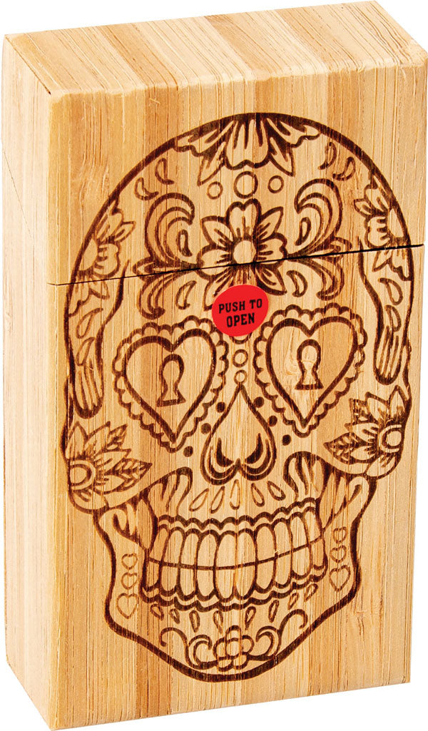 Fujima Wooden Cigarette Case with Sugar Skull Design, 100mm Size, Front View