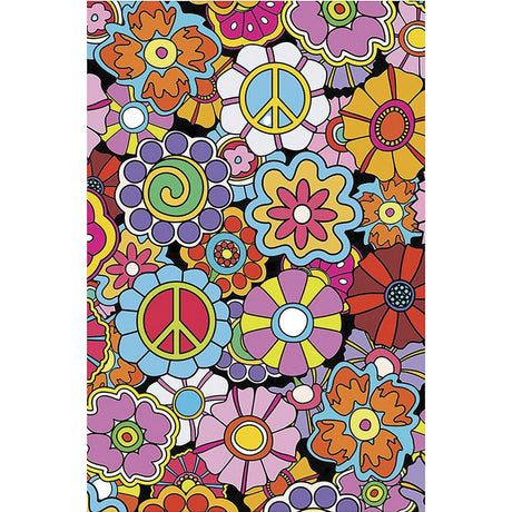 Fujima Woodstock Garden Tapestry featuring vibrant peace signs and flowers, 50" x 78", perfect for home decor