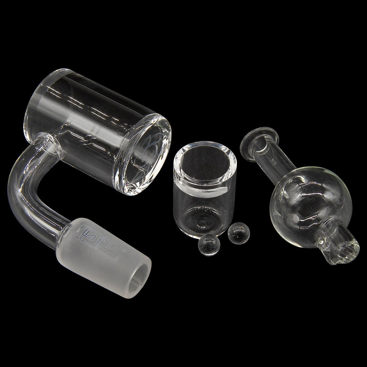 Glasshouse Full Quartz Banger Flat Top Kit - 90 Degree Male Joint on Black Background