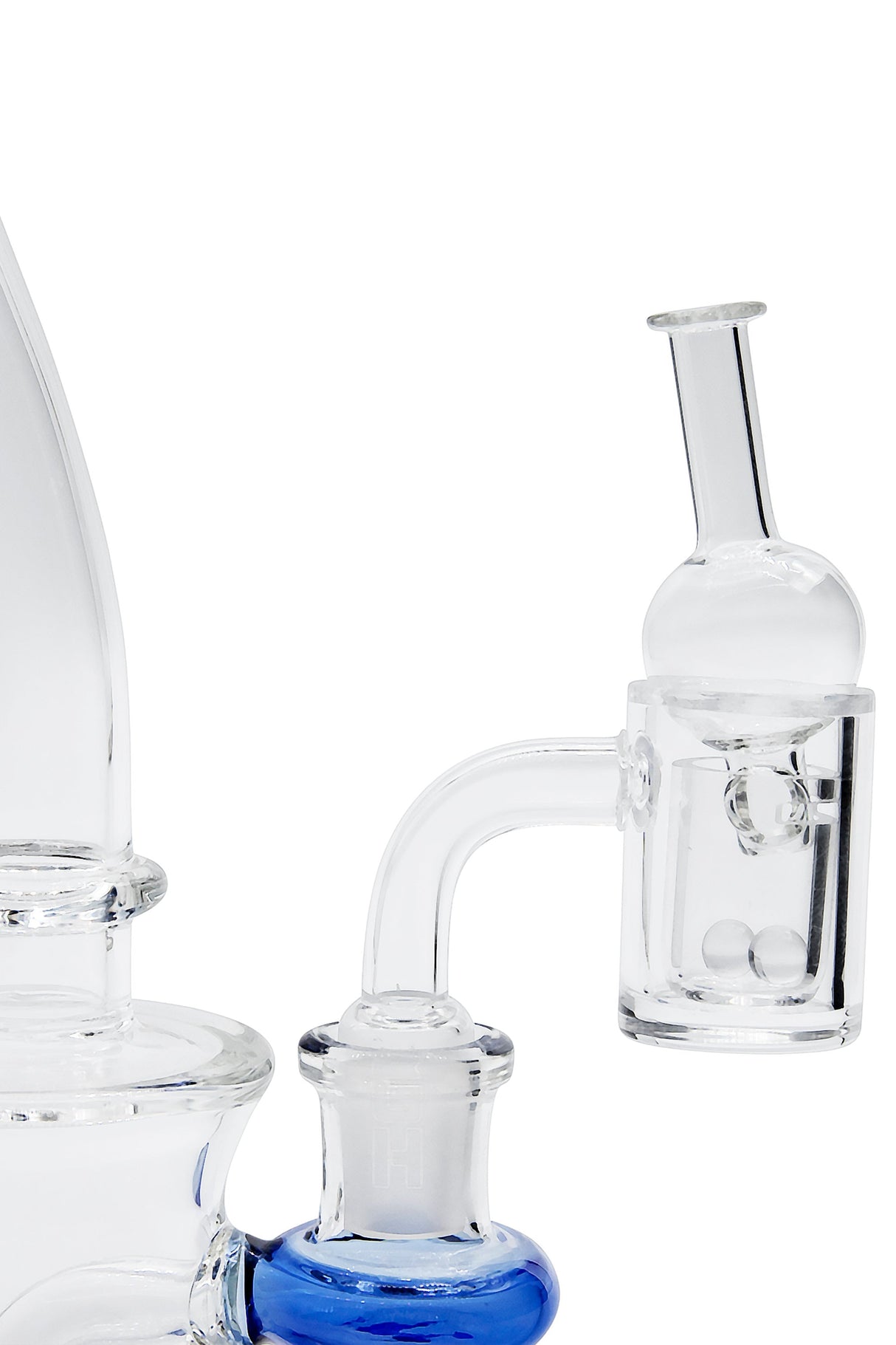 Glasshouse 14mm Male Quartz Banger Kit at 90° angle with Carb Cap and Terp Pearls, Clear Side View