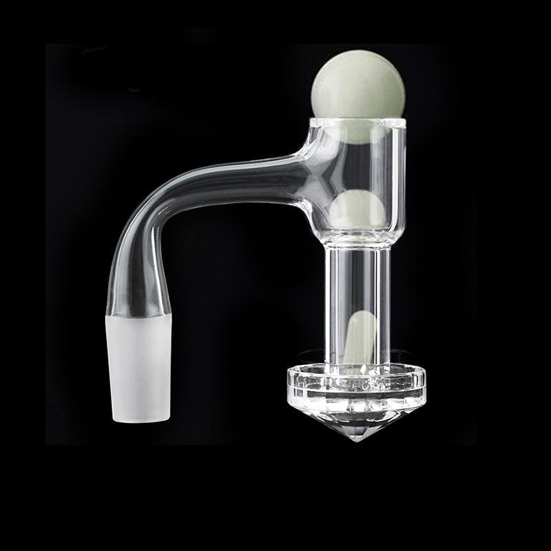 Diamond Bottom Quartz Slurper Banger Set with Glow Balls, front view on a black background