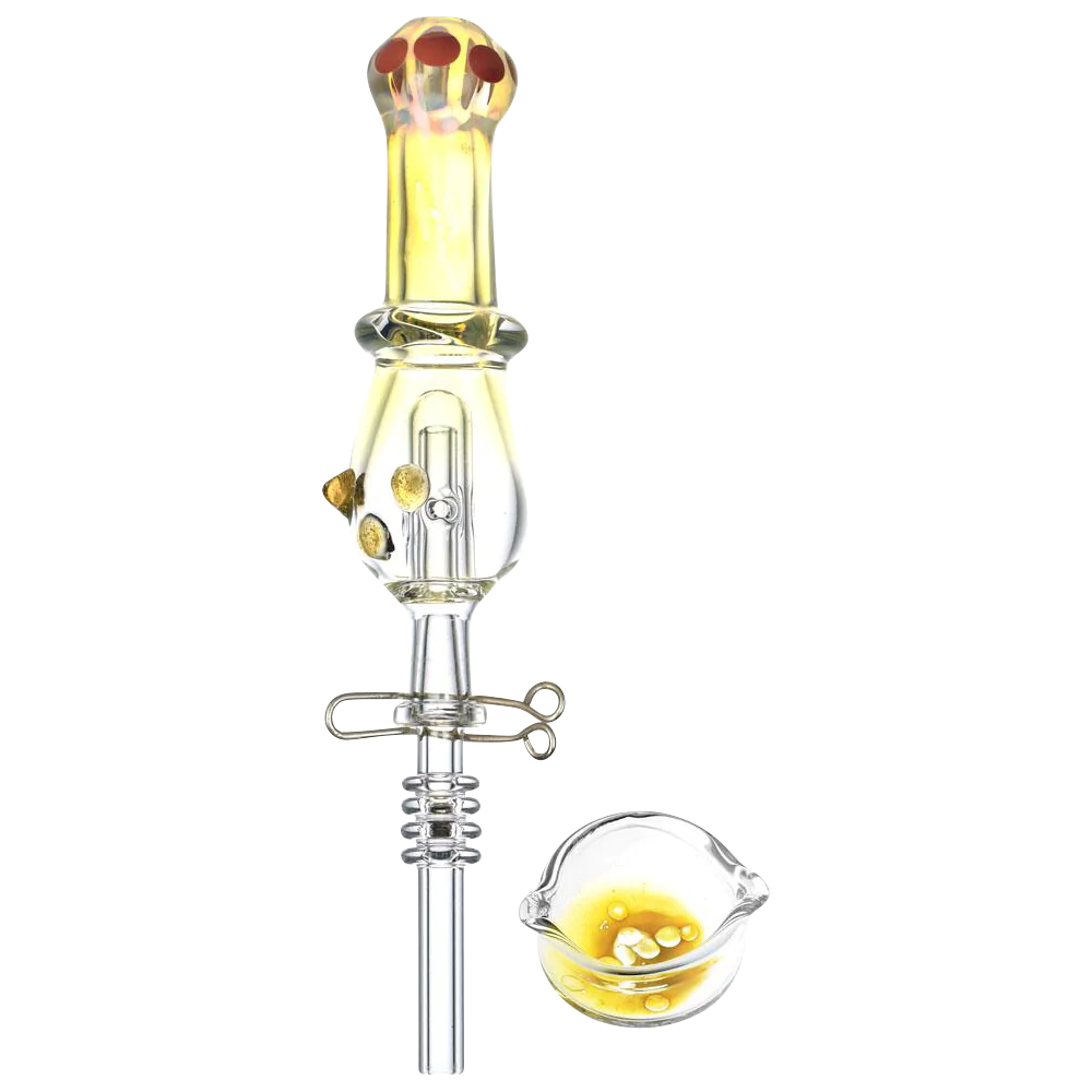 Color-changing fumed glass quartz tip vapor straw kit with dish, compact design, front view