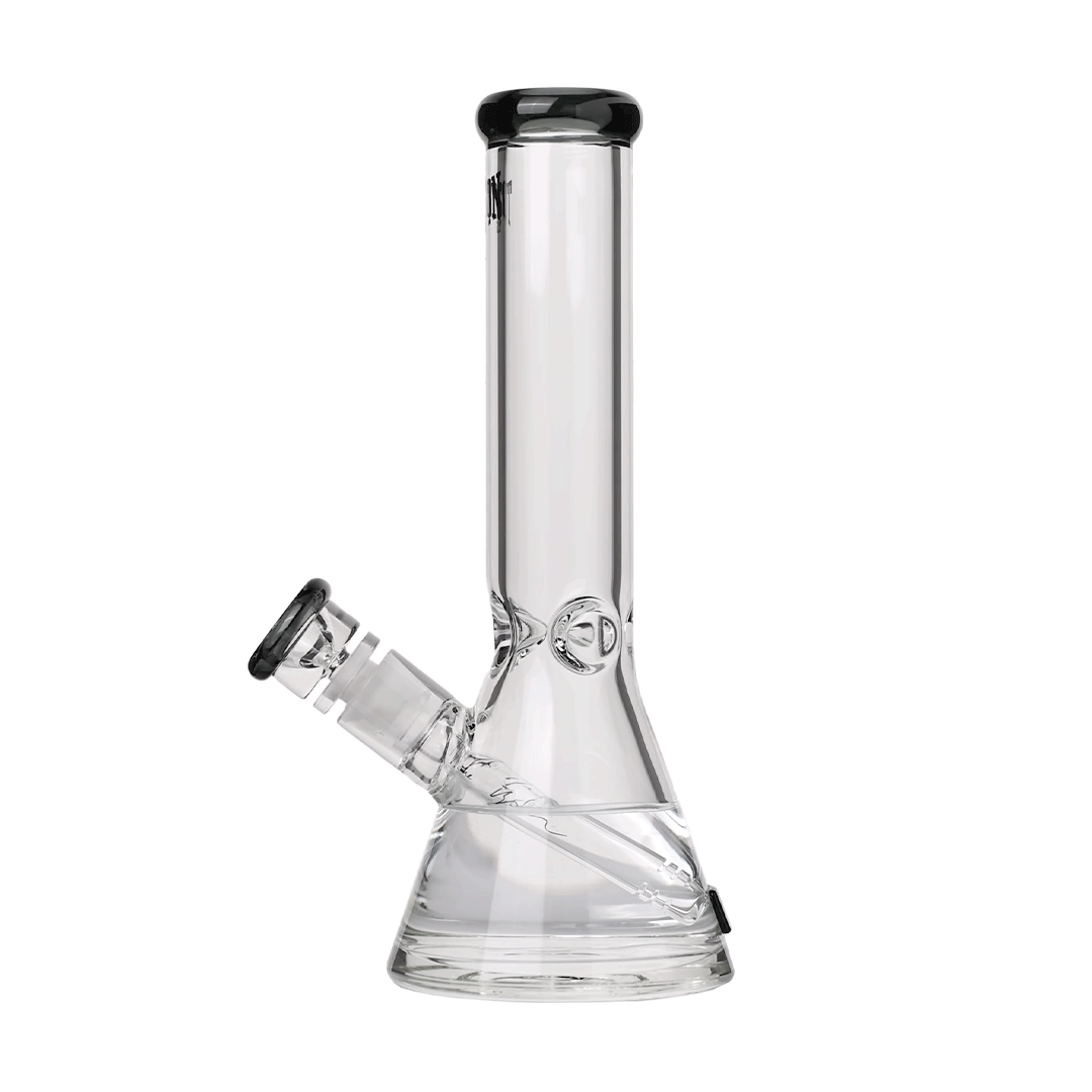 Tyson Haymaker Water Pipe, clear borosilicate glass, side view on white background