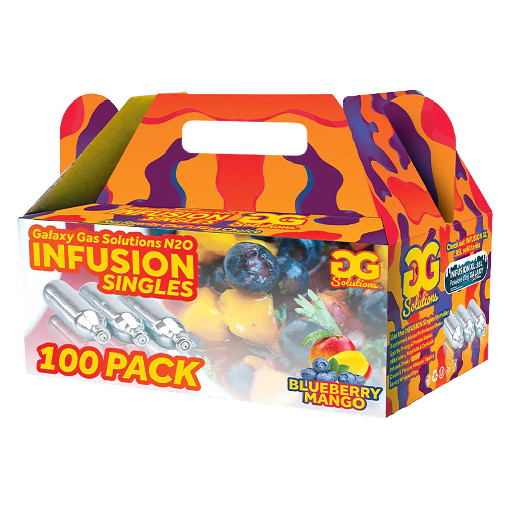 Galaxy Gas Infusion Cream Chargers 100pc Box, Blueberry Mango flavor, vibrant packaging